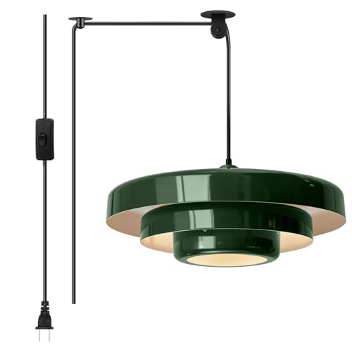 Image of Plug-in Green Pendant Light, Mid Century Hanging Lamp Fixtures with Pulley and Plug in Cord 3-Layer Shade Nordic Style Pendant Lighting Metal Shade for Living Room Dining Room Bedroom Kitchen Island