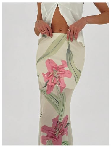 GORGLITTER Women's Floral Mesh Maxi Skirt Ruched Sheer Low Rise Bodycon Long Skirts4