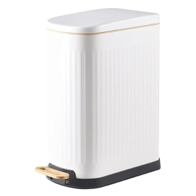 SYNCVIBE Slim Bathroom Trash Can with Soft Close Lid Stainless Steel Garbage Can Step Trash Bin with Removable Inner Bucket for Bedroom, Office, Kitchen (Matt White, 3.5 Gallons)
