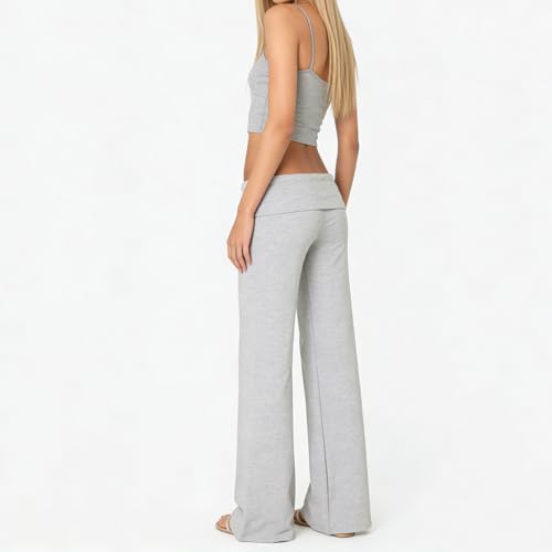 Image of Lounge Yoga Pants for Women Fold Over Low Waist Wide Leg Bell Bottoms | Y2K Foldover Pants, Flare Leggings, Low Rise Yoga Sweatpants