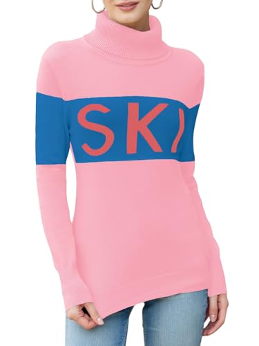 Image of LCXWFE Womens Ski Sweaters Color Block Long Sleeve Turtleneck Pullover Sweater Trendy Knitwear Tops, Pink, M