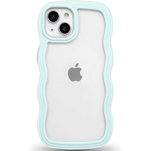 Image of GoldKart iPhone 13 /14 Case Wavy Edge Clear Back Design, Anti-Slip Grip Cute Wave Curly Frame Shape Shockproof Soft TPU & Hard PC Bumper Protective Phone Case Cover for Women Girls - Light Blue