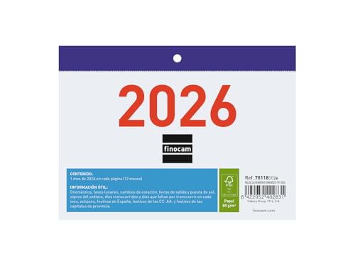 Finocam - Calendario de Pared Números Grandes 2026 Mes Vista Enero - Diciembre (12 meses) | Calendario 2026 | Planificador mensual | Faldilla 2026 - Español