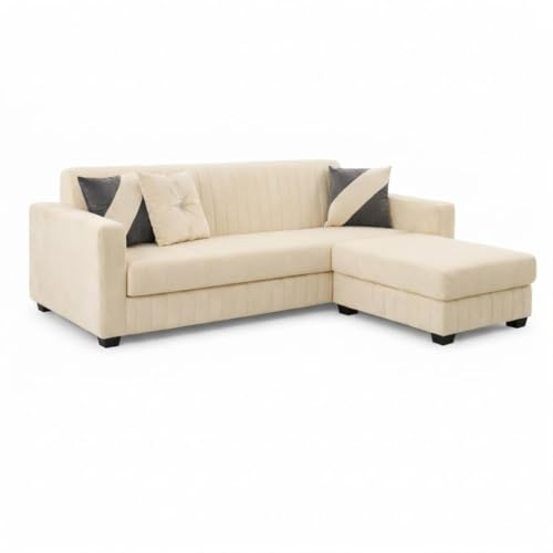 Image of SLEEPIFY Avren 3 Seater Velvet Fabric Sofa Set with 1 Ottoman (Cream) | Premium Soft Velvet | Plush Comfort Cushions | Modern Living Room Sofa