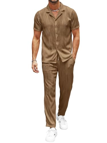 UOUA Mens 2 Piece Outfits Summer Casual Short Sleeve Button Down Shirt & Long Pants Sets Beach Vacation Suits Tracksuits Khaki M