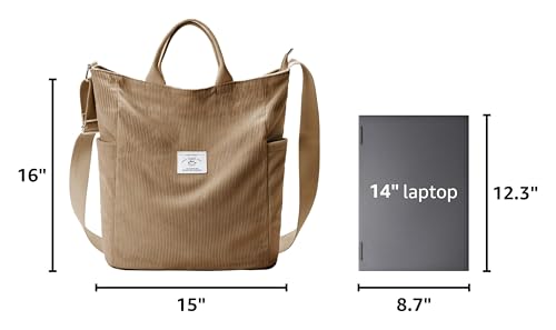 Image of KALIDI Corduroy Tote Bag, Large Slouchy Hobo Messenger Crossbody Bag | Anti Splash Zipper Side Pockets Shoulder Bag Adjustable Strap Lightweight Casual Work Shopping Women