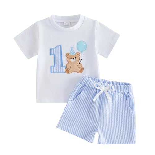 Lamuusaa Toddler Baby Boy Birthday Outfit One Animal/Onederful Embroidery T-shirt Stripe Shorts Summer Cake Smash Outfit (Blue-Bear 12-18 Months)