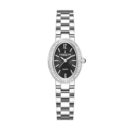 Image of London Fog Queenhithe Collection Watch for Women with Oval Textured Dial, Crystal Studded Bezel, Blue Crown Accent, Quartz Movement and Stainless Steel Strap - LFW20003