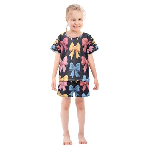 Pajama Sets Short Sleeve Colorful Bows on Black Soft Cotton Summer Sleepwear 2 Piece PJS Size 5-14T4