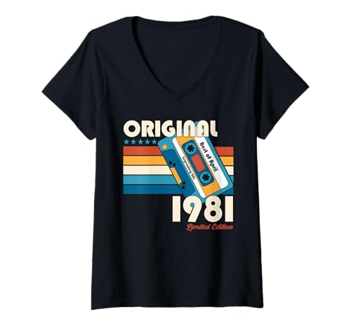 Womens 44th Birthday Gift Man April 1981 Vintage Cassette V-Neck T-Shirt