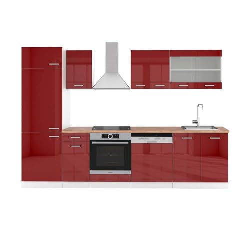 Vicco Küchenzeile R-Line, Rot Hochglanz/Weiß, 300 cm, AP Eiche, zur individuellen Anordnung und Erweiterung der Module geeignet