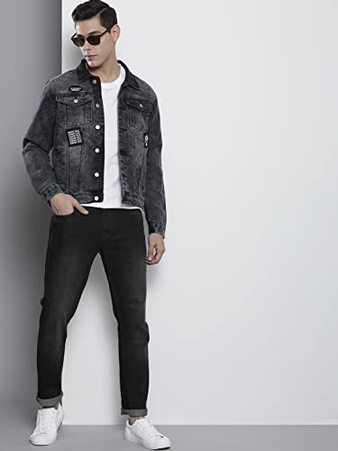 Image of The Indian Garage Co Men Black Slim Fit Solid Denim Trucker Jacket