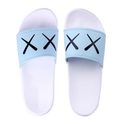 Image of PERY-PAO Sliders Mens White, Sky Blue Stylish Printed Flip Flop & Slippers