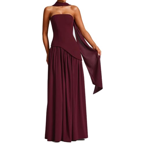 Vestido Largo de Mujer Tipo corsé sin Tirantes con Abertura Alta y caída fluida, Ideal para invitadas de Boda, Color Burdeos, Talla pequeña.