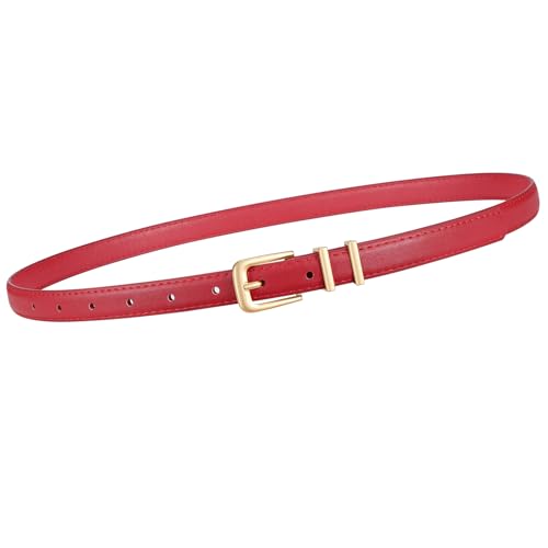 TRIWORKS Women Skinny Belt for Jeans Pants Dress Fashion Thin Faux Leather Belt with Gold Buckle Red