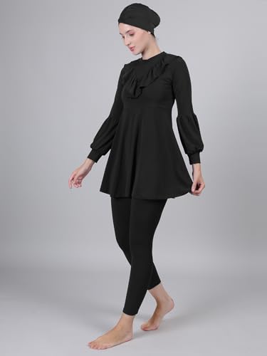 Image of Women 3 Piece Modest Muslim Swimwear Islamic Ruffle Full Coverage Long Sleeve Removable Chest Pads Swim Hijab Cap Swimming Costume Burkini Swimsuit