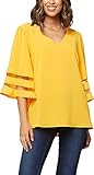 Women's V Neck Bell Sleeve Blouse with Mesh Panel 3/4 Loose Shirt Flowy Top, Yellow, Large