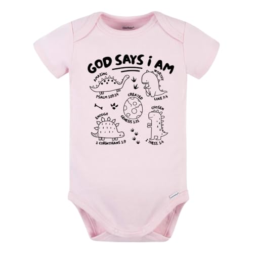 Image of MangoHouse Cute Baby Bodysuit God Says I am Dinosaurs Shirt Premium Custom Baby Clothes Unisex Baby Announcement Gift for Mom Newborn Outfit (Short Sleeve Pink 0-3m)