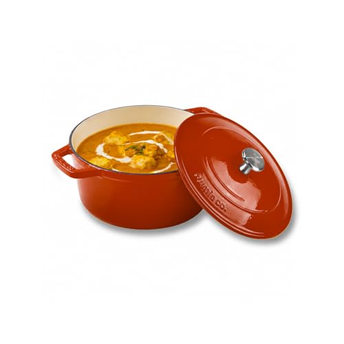 Image of CUMIN CO. Cast Iron Dutch Oven 1.2L, 16 cm | Induction Base Cookware | 10 Years Warranty | Non Toxic Non Stick Biryani Pot with Lid | Heavy Bottom | Chemical Free Coating | Free Accessories | Color: Rust