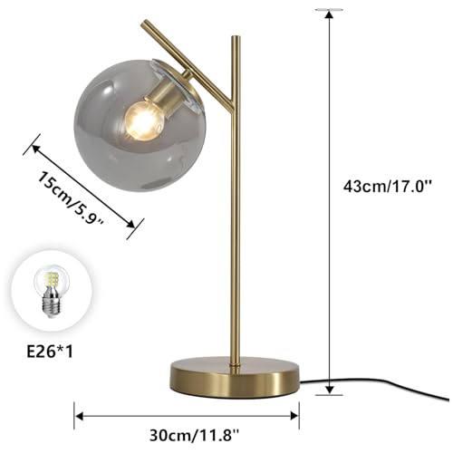 Image of Mid Century Desk Lamp, Glass Globe Table Lamp with Gray Glass lampshade, Gold Modern Bedside Lamps for Bedroom Living Room Study Room