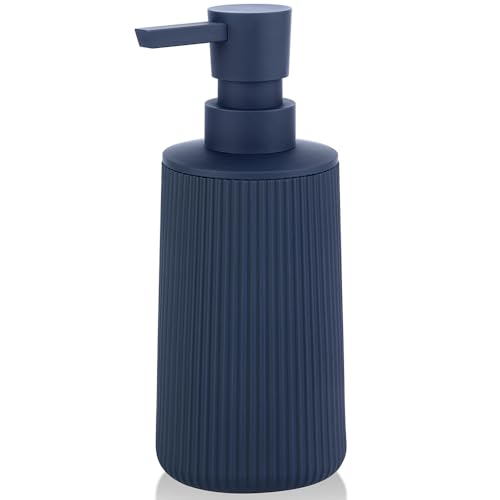 Small Soap Dispenser for Bathroom and Kitchen, Modern Farmhouse Striped Style Plastic Hand Soap Dish Soap Dispenser with Pump Matte Blue