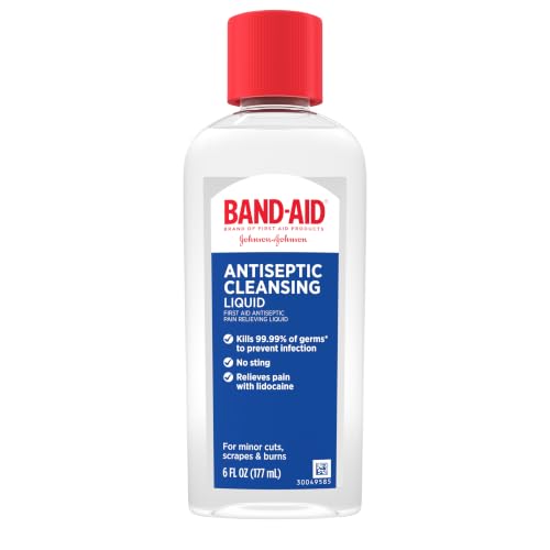 Band Aid Brand Antiseptic Cleansing Liquid First Aid Wash Relieves Pain and Kills Germs Benzalkonium Cl Lidocaine HCl 6 Fl Oz 1 Count