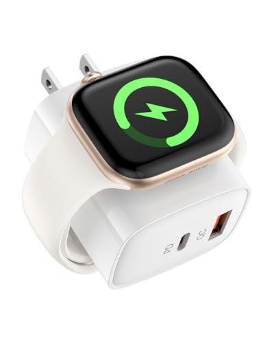 Portable Charger for Apple Watch Dual Port Wall Charger Power Block 3 in 1 iWatch Wireless Charge Cube PD20W + QC18W Fast Charging Wall Plug for iPhone 17e 17 Pro Max 16e 16 15 14 13 12 iPad-White