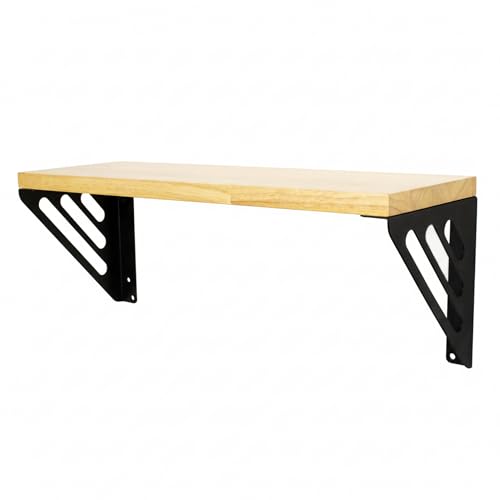 Image of Wall Shelf with Wooden Top Black|White Iron Brackets Storage Rack|Industrial Wall-Mounted Floating Shelf for Living Room,Kitchen,Bathroom (Black Lines Small)