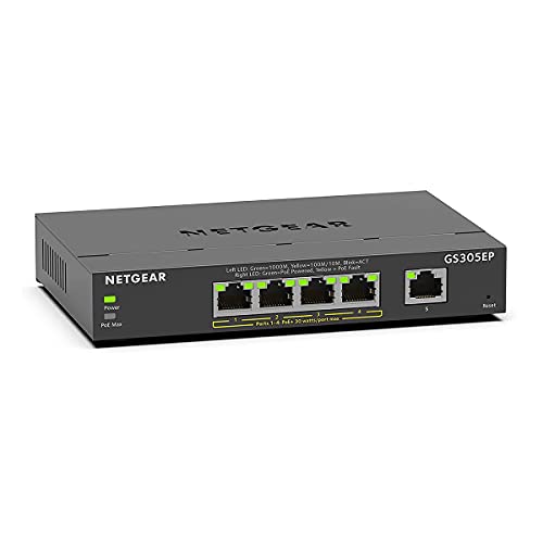 NETGEAR (GS305EP) Switch Ethernet PoE 5 Ports RJ45 Gigabit (10/100/1000), Serie Plus Manageable PoE, switch RJ45 4 Ports PoE+ 63 W, positionnement sur un bureau ou au...