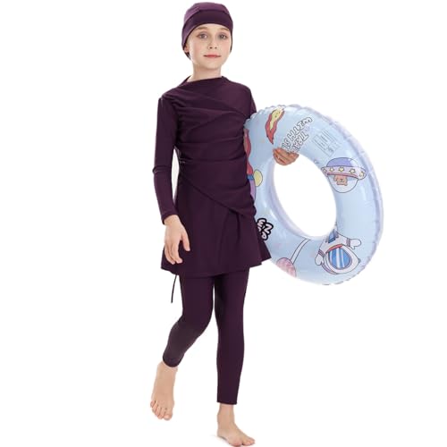 Image of Muslim Swimsuits for Girls Modest Swimwear Full Cover Hijab Burkini Islamic Top Pants Cap 3PCS Rash Guard Sets