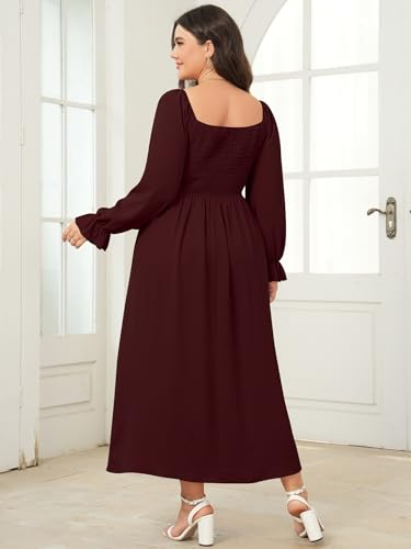 Women's Plus Size Maxi Dress Long Sleeve Square Neck Smocked Flowy A-Line Boho Wedding Party Maxi Dress4