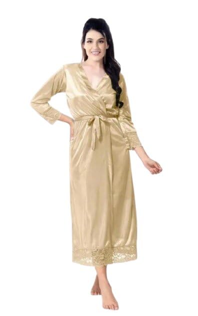 Women Nighty Designer Pattern Relaxed Fit Night Dress Smooth Fabric Daily Home Outfit Gold XL-image-0