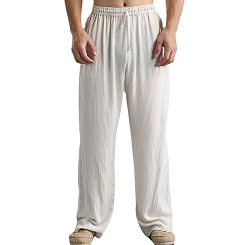 Banana Bucket Mens Cotton Linen Drawstring Pants Elastic Waist Casual Jogger Pants