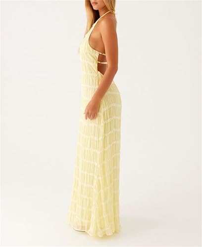 Image of Women Halter Ruched Maxi Dress Backless Sleeveless Long Dress Bodycon See Througn Pleated Sundress Beachwear