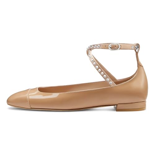 Maiyang Women Lovely Round Cap Toe Rhinestone Strappy Mary Jane Pumps Cross Ankle Strap Low Heel Ballroom Party Dress Ballet Flats Size 4-16 US2