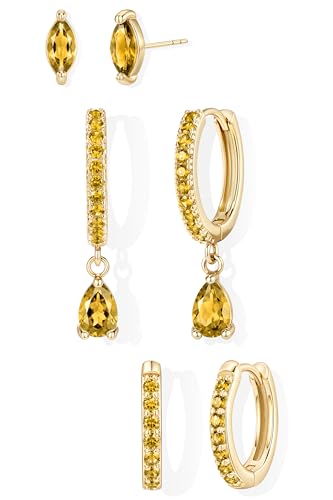 GoldGifts November Birthstone Citrine Earrings - Yellow Fall Jewelry Gift Hypoallergenic 14K Gold Plated Small Huggie Hoop Set for Women Dainty Trendy Stack Dangle Studs for Cartilage Helix