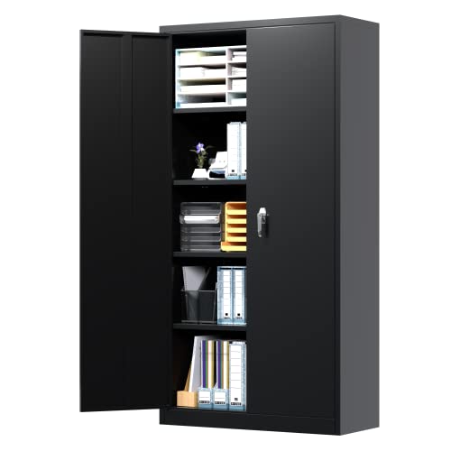 AOBABO Metal Storage Cabinet, Locking Steel Storage Cabinet with 4 Adjustable Shelves, 72''Storage Cabinet with Doors for Office,Home,Garage, Assembly Required (Black)