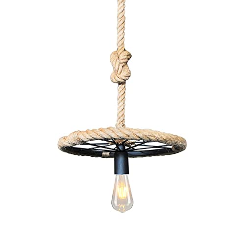 Chandelier corde de chanvre vintage et bois en forme de roue de charrette pour îlot de cuisine