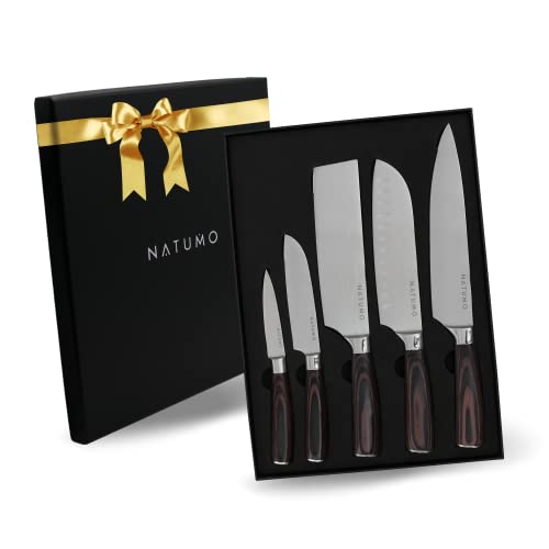 NATUMO Küchenmesser Set 5-teilig. scharfes Messerset Profi aus Allzweckmesser, Fleischmesser, Gemüsemesser, Santoku Messer, Chefmesser mit Pakka-Holzgriff, HRC 56+