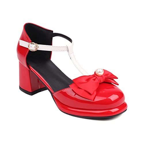 ForeMode Fashion Women T-Strap High Heels Bow Platform Round Toe Pumps Leather Summer Sweet Shoes