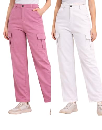 Image of Women's Cargo Pants High Waisted Baggy Wide Leg Cargo Trousers Casual Loose Fit 4 Pocket Utility Streetwear Fashion Work Bottoms, White Black Pink Lavender Beige Brown