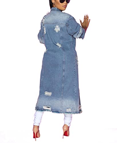 Womens Distressed Ripped Denim Trench Coat Casual Slim Button Down Washed Long Jean Jacket3