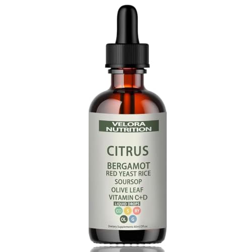 Image of velora Red Yeast Rice Drops with Citrus, Bergamot, Red Yeast Rice, Soursop, Olive Leaf, Vitamin C+D, Non-GMO, Vegan 2 fl oz