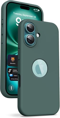 Image of VONZEE Microfiber Logo Cut Cover Compatible with iPhone 16 Plus Case, Liquid Silicone Full Body 4-Layer Protective Cover, Shockproof Back Case with High Raised Camera Lips, Phone Case, Pine Green