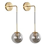 KCO Lighting Modern Glass Globe Wall Sconce Minimalist Gold Wall Mounted Sconce Light with Smoke Grey Lampshade Round Wall Lamp for Bathroom Mirror Bedroom (Smoke Grey-2PC)