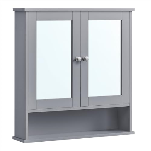 VASAGLE Armario con Espejo, Armario de Baño, Armario de Pared, Mueble Alto con 2 Puertas de Espejo y Compartimento Abierto, Balda Regulable, a Pared, 13 x 56,5 x 58,5 cm, Gris Paloma LHC002G02