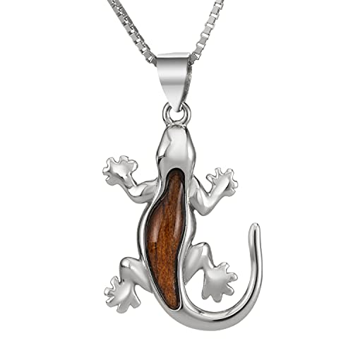 925 Sterling Silver Koa Wood Gecko Pendant with 18