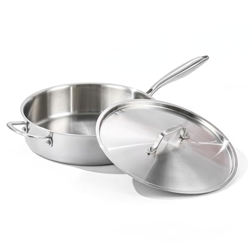 Image of DELARLO 6QT Saute Pan Tri-Ply Stainless Steel Pan, 12Inch Deep Frying Pan with Steel cover, Kitchen Large Skillet,Heavy Duty Style Compatible With All Cooktops Up to 650℉