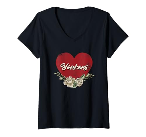 Mujer Yonkers New York USA - Rosas de corazón vintage para vacaciones Camiseta Cuello V