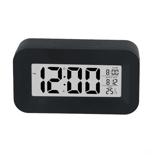 Reloj despertador digital multifunción con pantalla LCD grande, características de calendario y temperatura, múltiples alarmas, alarma de volumen gradual para escritorio y viajes (negro)